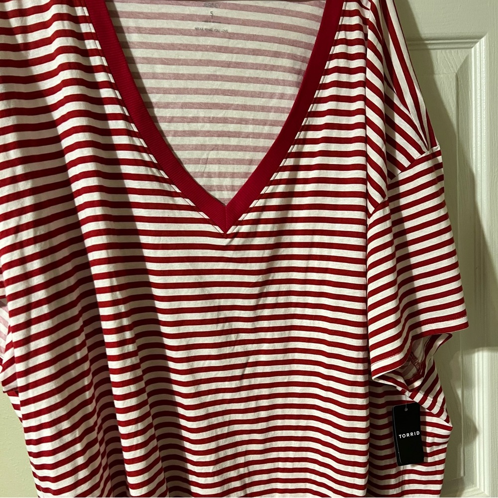 Torrid Red and White Striped V-Neck Tee